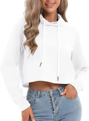 milanpavilion Women's Drawstring Cropped Hoodie Casual Plain Hoodies for Women Workout Crop Tops Sweatshirt Long Sleeve