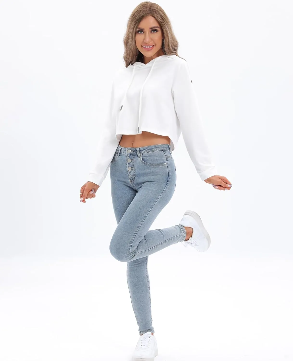 milanpavilion Women's Drawstring Cropped Hoodie Casual Plain Hoodies for Women Workout Crop Tops Sweatshirt Long Sleeve