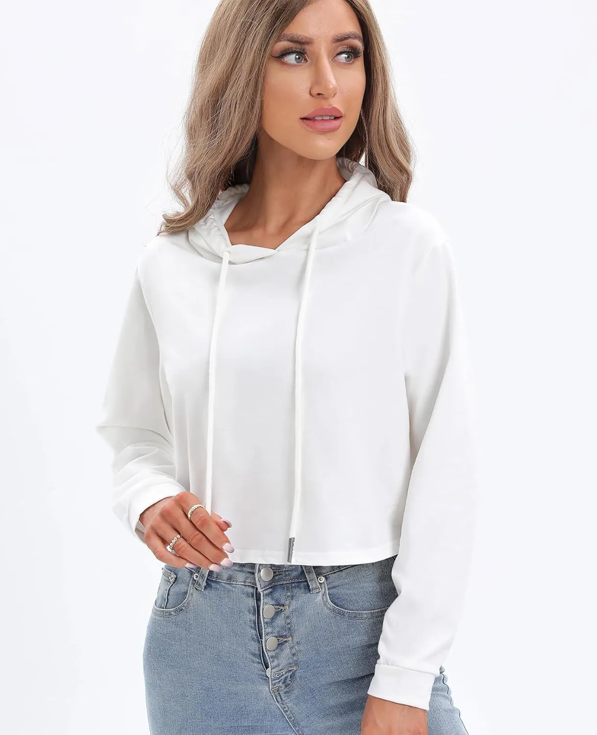 milanpavilion Women's Drawstring Cropped Hoodie Casual Plain Hoodies for Women Workout Crop Tops Sweatshirt Long Sleeve