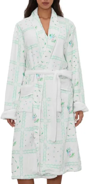 Miqil Women Y2K Robe Cute Print Fleece Shawl Collar Open Front Bathrobe with Belt Cozy Spa Plush Kimono Nightgown Loungewear