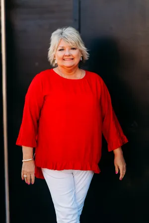 Multiples: (Red Hot) Sleeve Scoop Ruffle Hi-Lo Solid Crinkle Woven Top in Poppy M25104TM