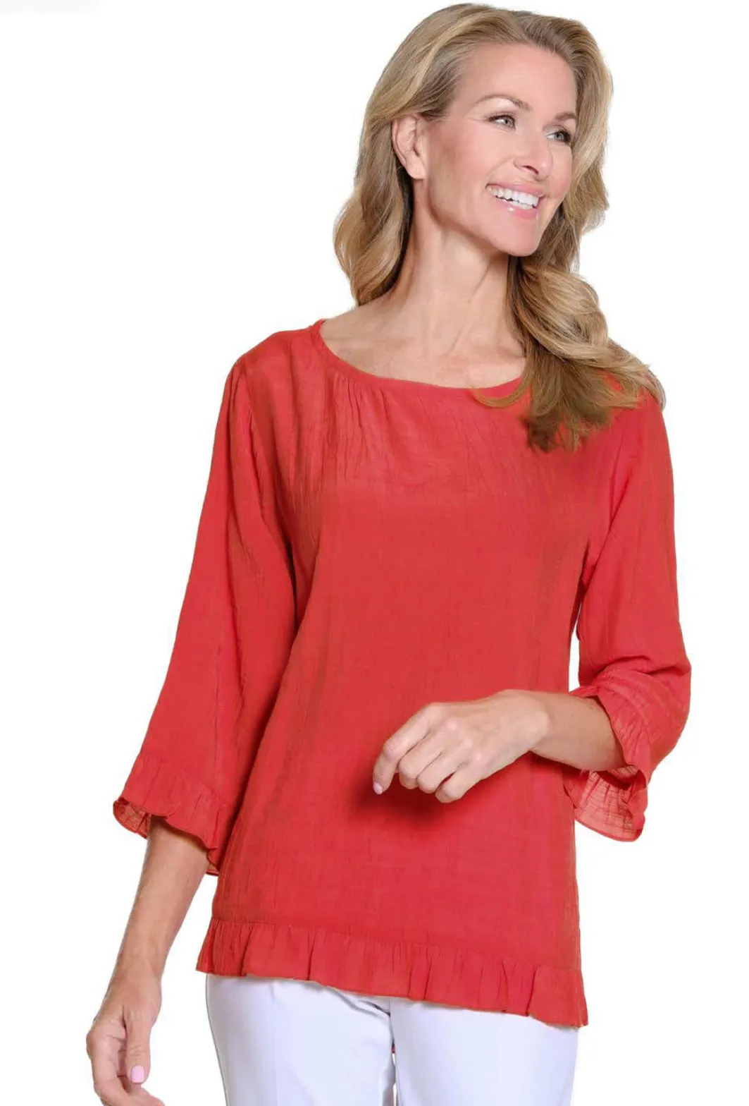 Multiples: (Red Hot) Sleeve Scoop Ruffle Hi-Lo Solid Crinkle Woven Top in Poppy M25104TM