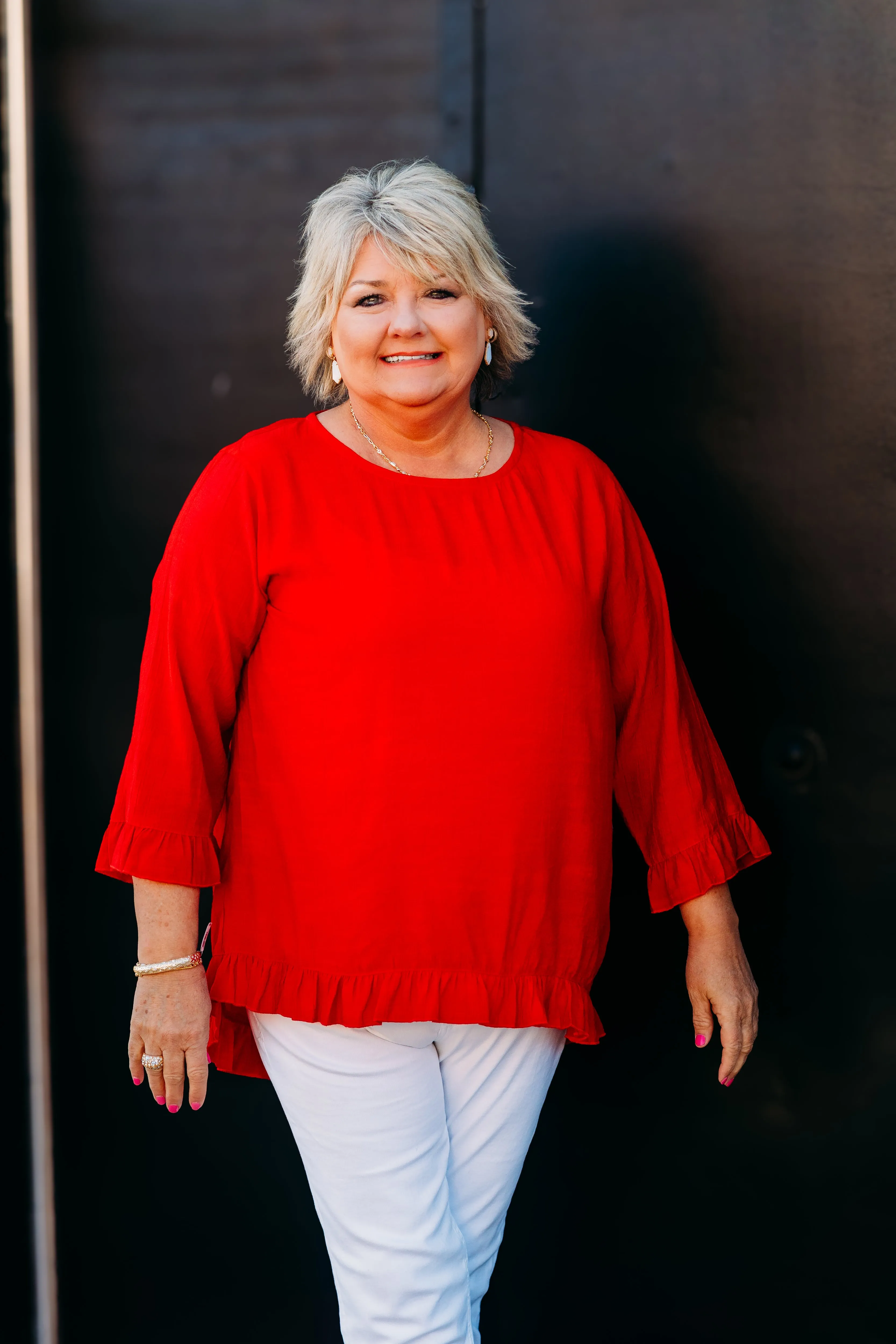 Multiples: (Red Hot) Sleeve Scoop Ruffle Hi-Lo Solid Crinkle Woven Top in Poppy M25104TM