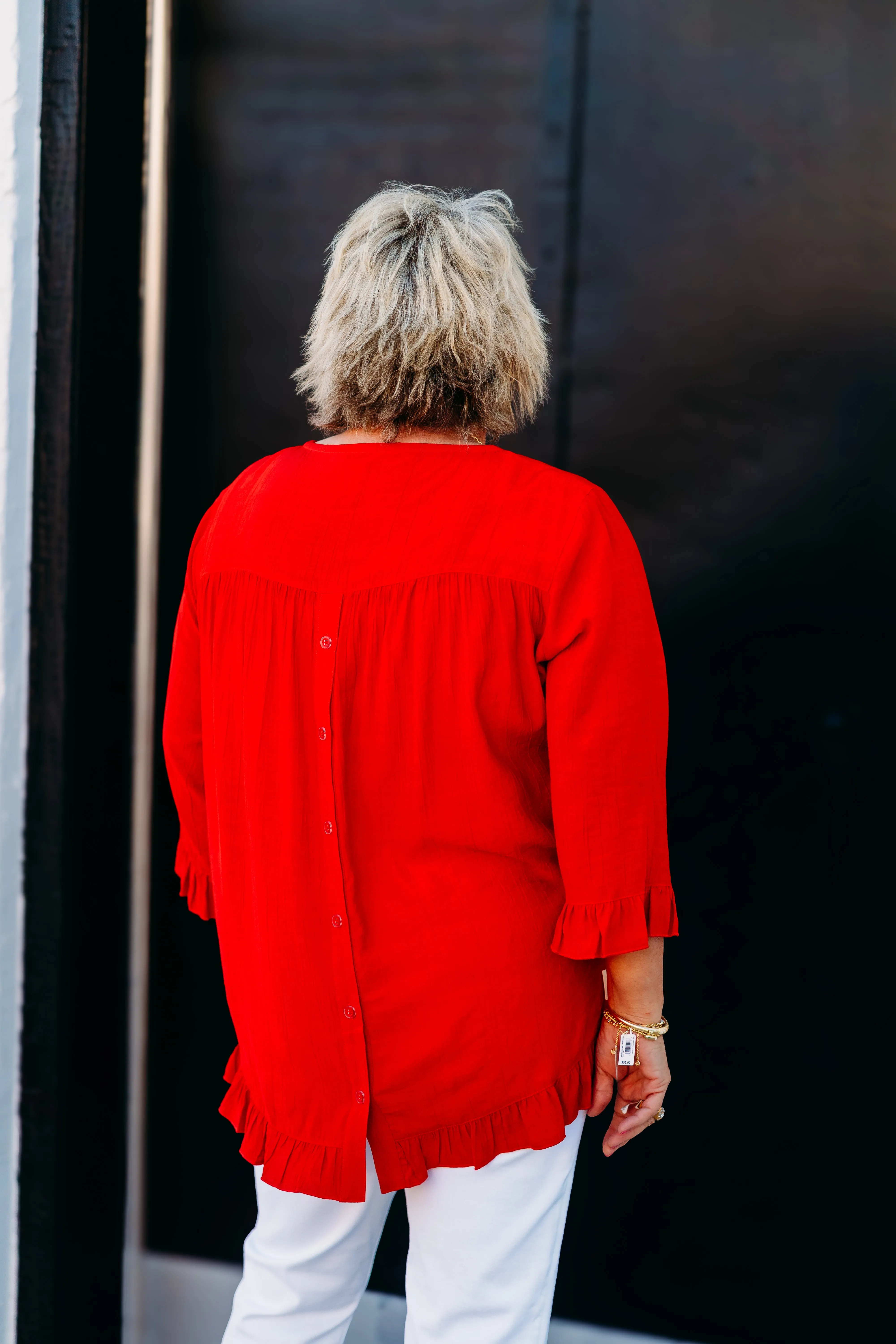 Multiples: (Red Hot) Sleeve Scoop Ruffle Hi-Lo Solid Crinkle Woven Top in Poppy M25104TM