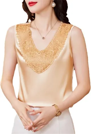 Office Lady Tank Tops Spring Summer Women Camisole Sleeveless Casual Silk Satin Lace Vest
