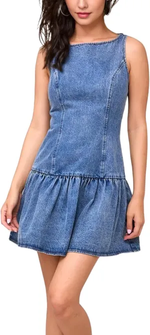 Omoone Women's Sleeveless Bodycon Mini Denim Dress Boat Neck Stretchy Flare Jean Dresses