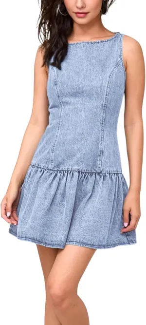 Omoone Women's Sleeveless Bodycon Mini Denim Dress Boat Neck Stretchy Flare Jean Dresses