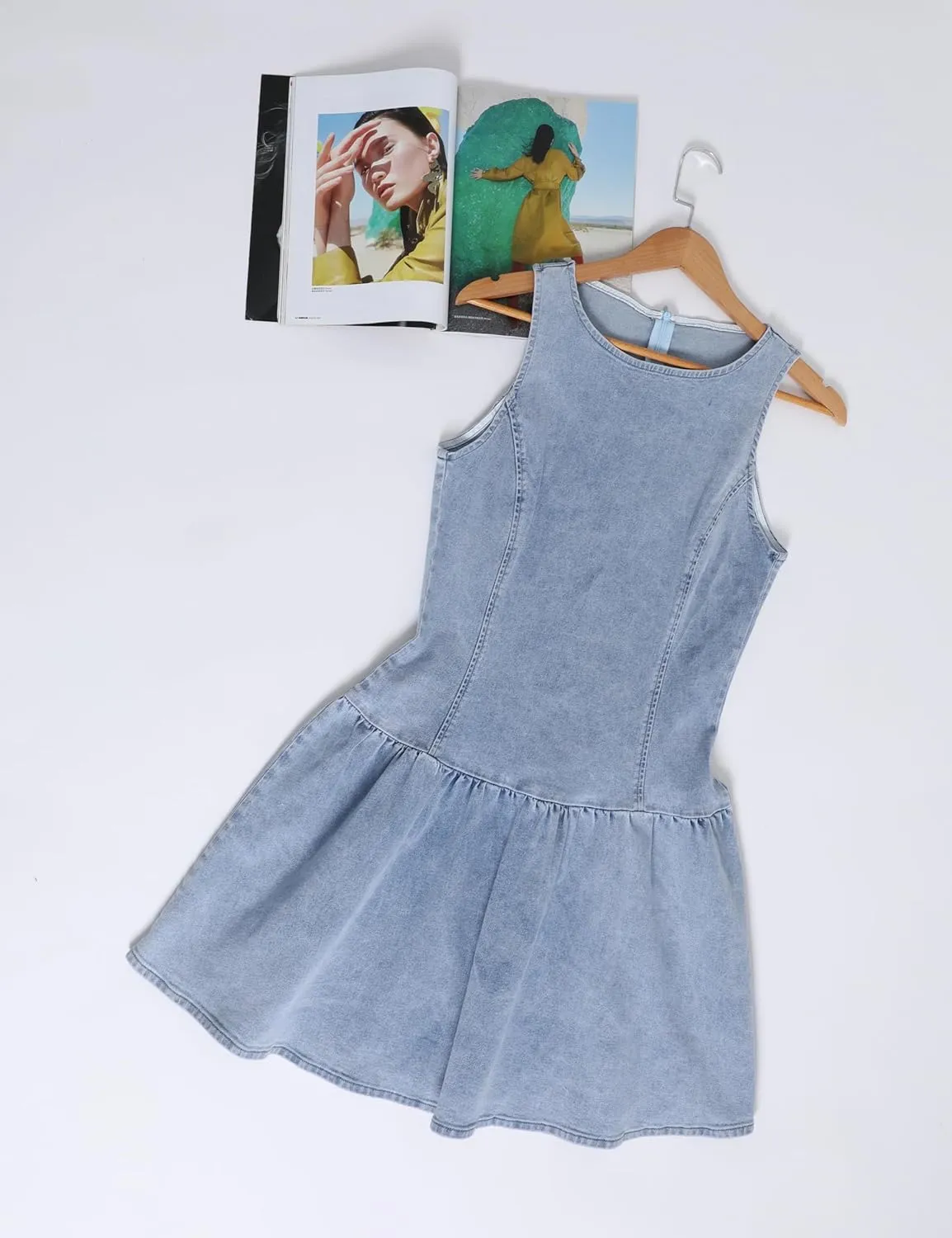 Omoone Women's Sleeveless Bodycon Mini Denim Dress Boat Neck Stretchy Flare Jean Dresses