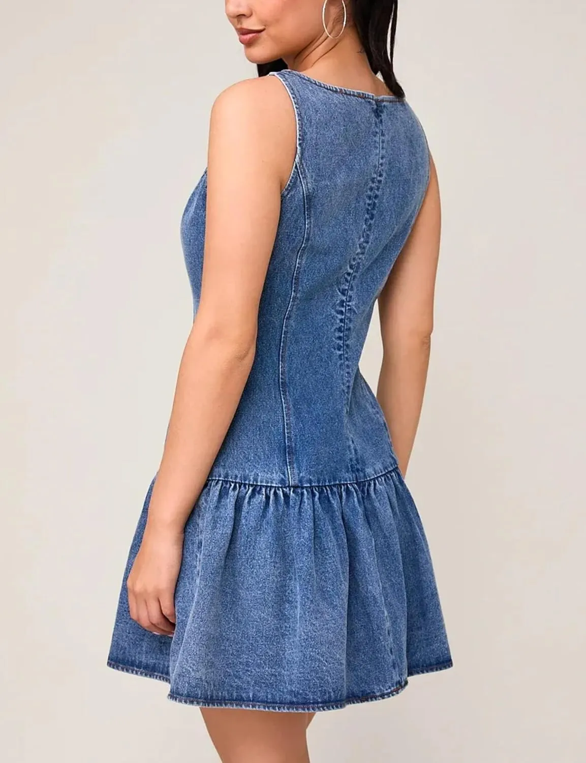 Omoone Women's Sleeveless Bodycon Mini Denim Dress Boat Neck Stretchy Flare Jean Dresses
