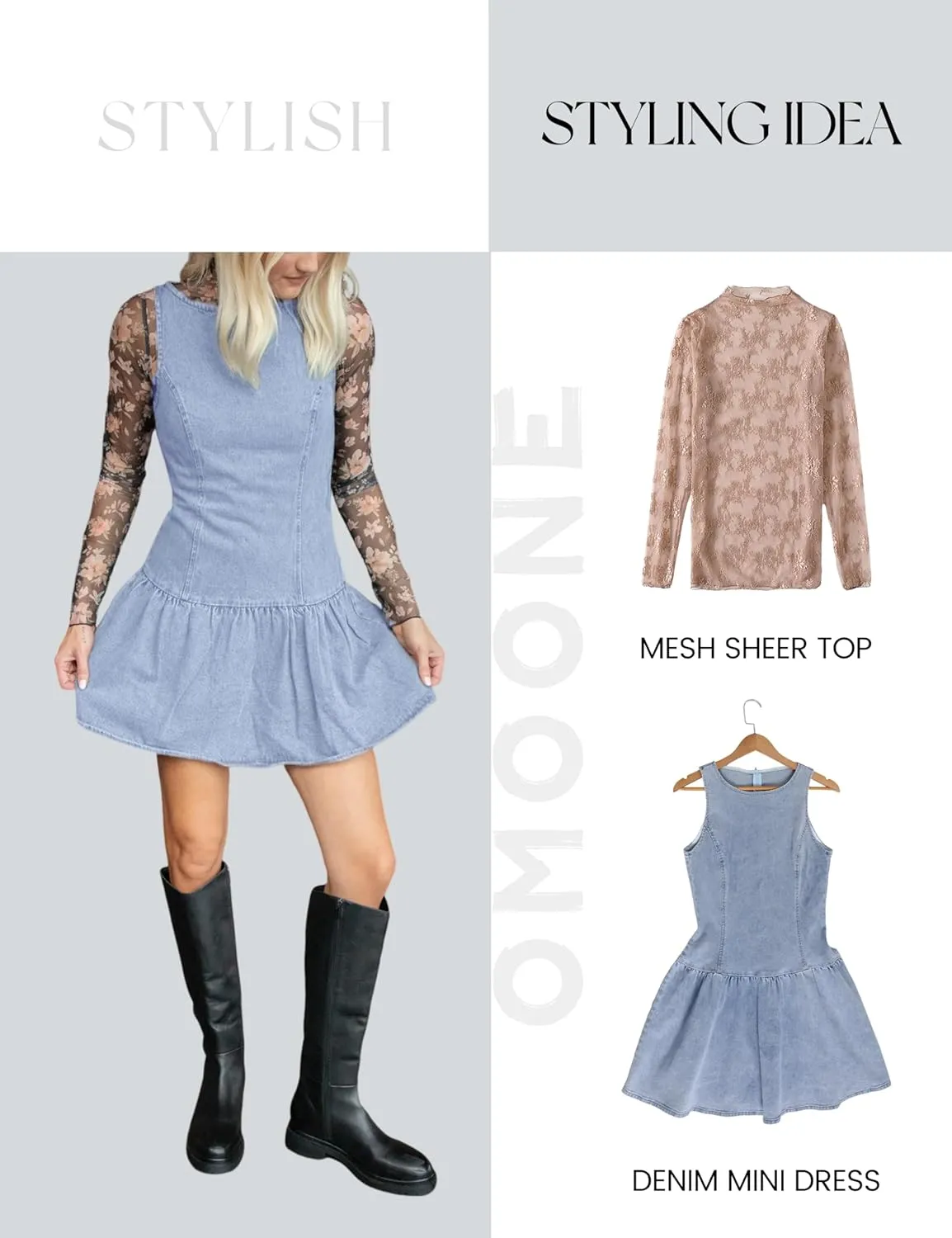 Omoone Women's Sleeveless Bodycon Mini Denim Dress Boat Neck Stretchy Flare Jean Dresses