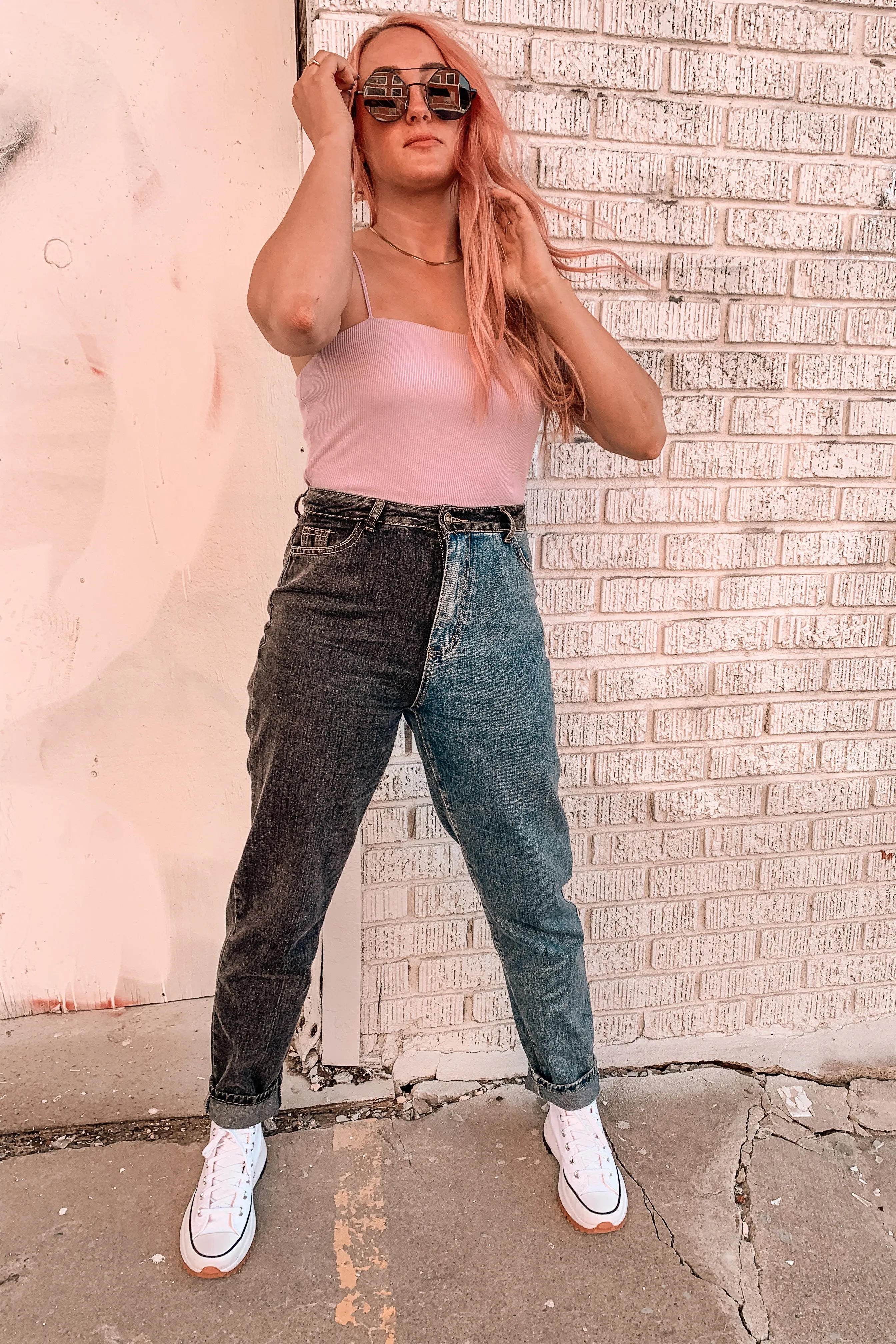 On Your Side Two Tone Mom Jeans