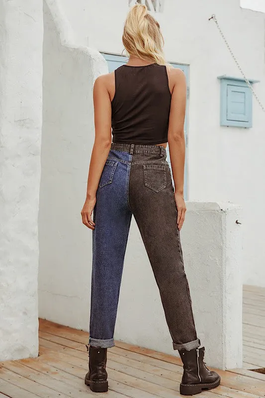 On Your Side Two Tone Mom Jeans