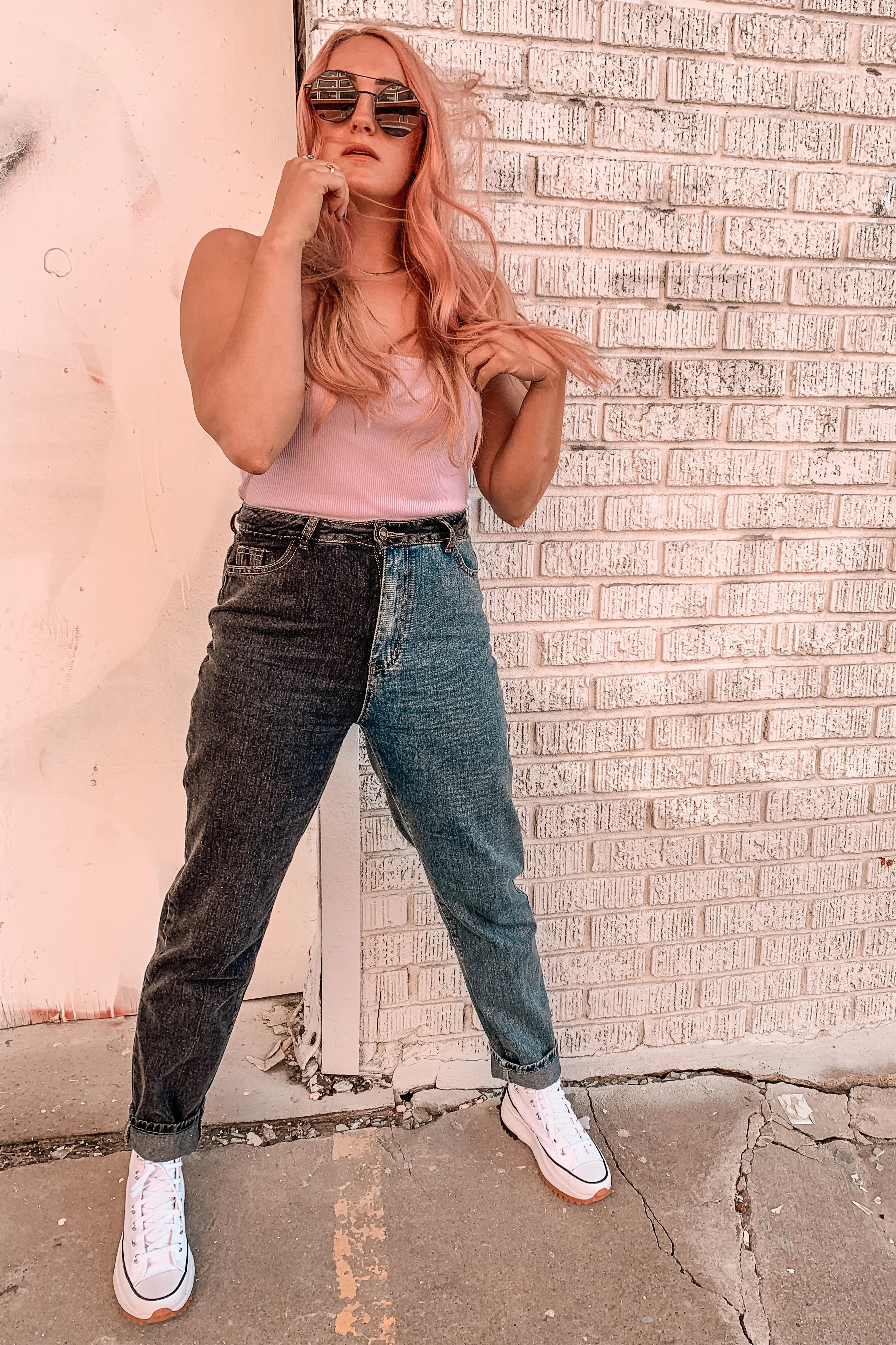 On Your Side Two Tone Mom Jeans
