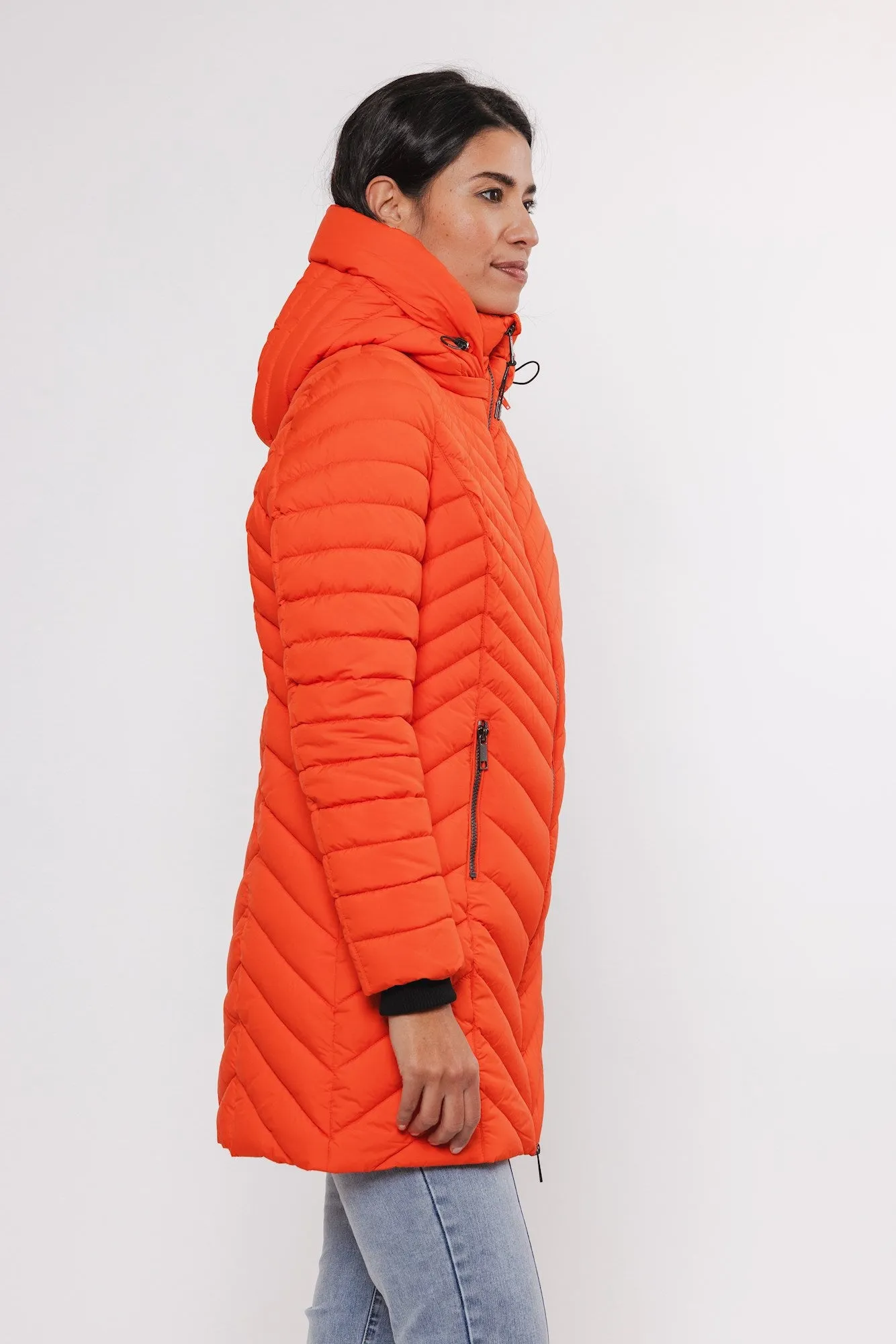 Orange Long Padded Jacket with Detachable Hood
