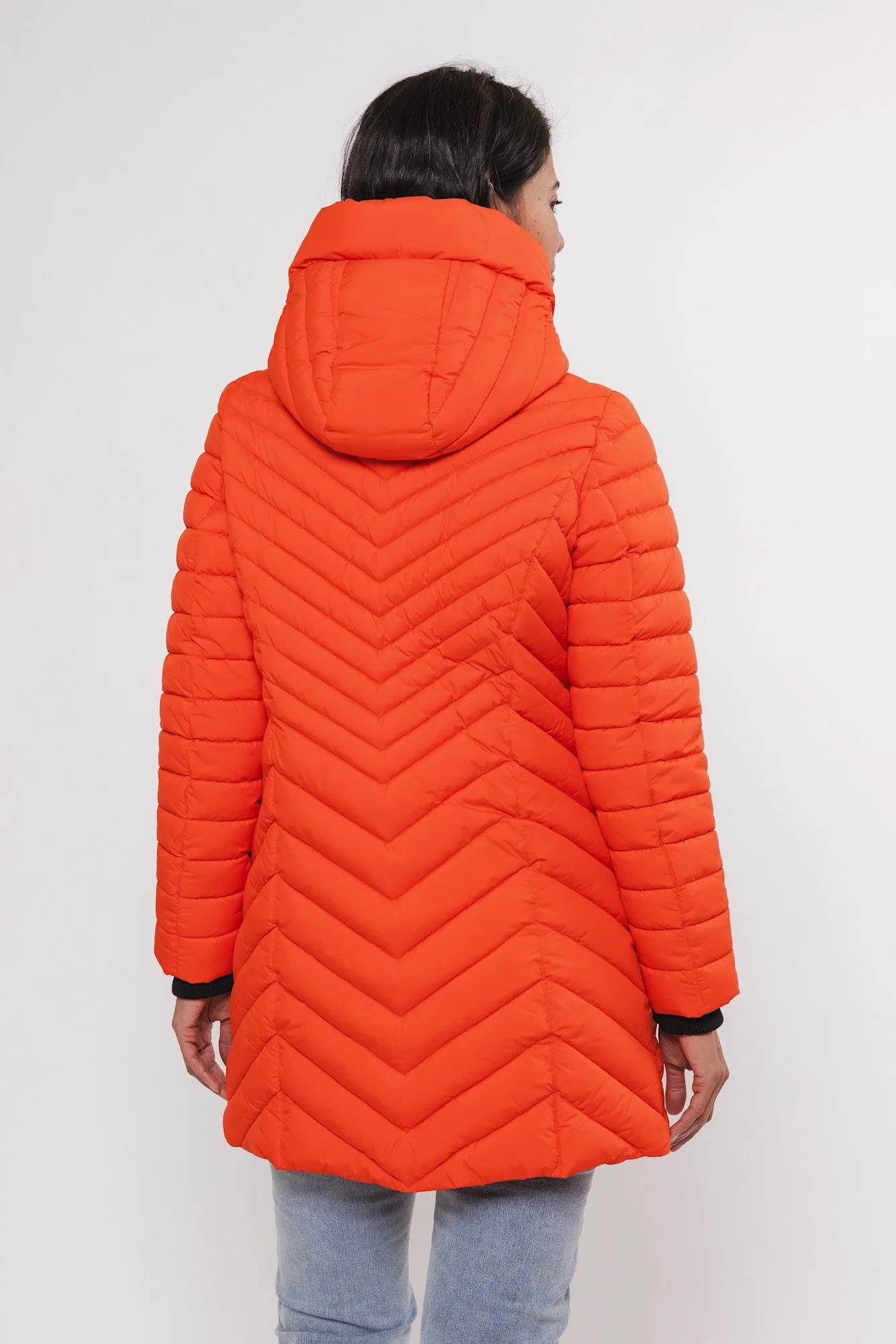 Orange Long Padded Jacket with Detachable Hood