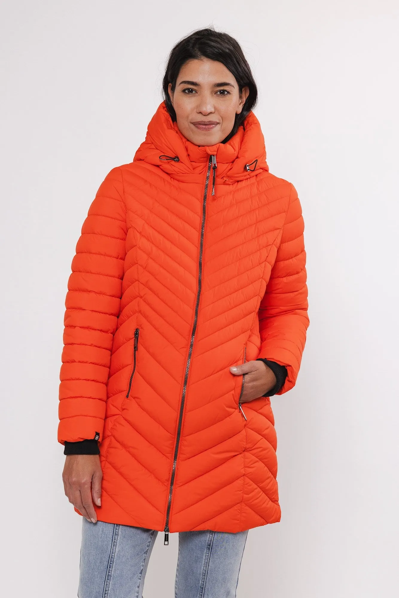 Orange Long Padded Jacket with Detachable Hood