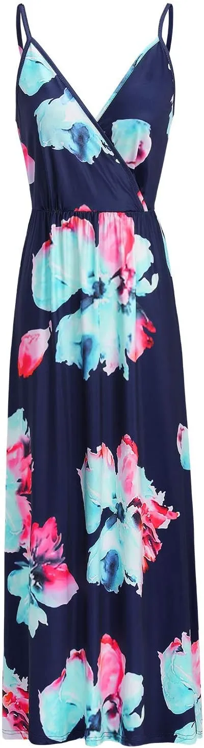 OUGES Womens Summer Maxi Dress V Neck Floral Adjustable Spaghetti Strap Beach Dresses with Pockets