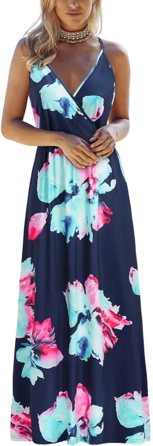 OUGES Womens Summer Maxi Dress V Neck Floral Adjustable Spaghetti Strap Beach Dresses with Pockets