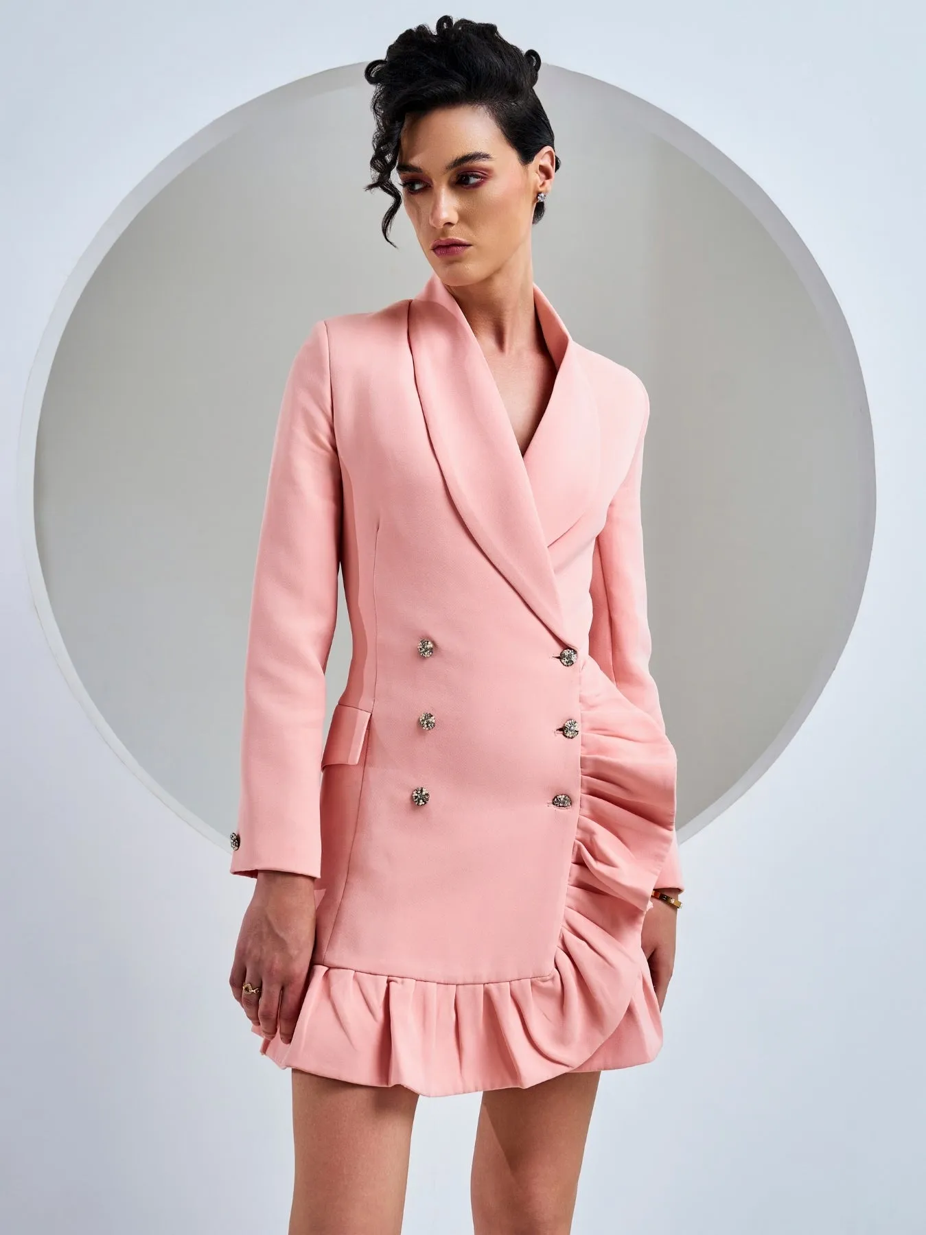 Peach Double-Breasted Ruffle Blazer Dress