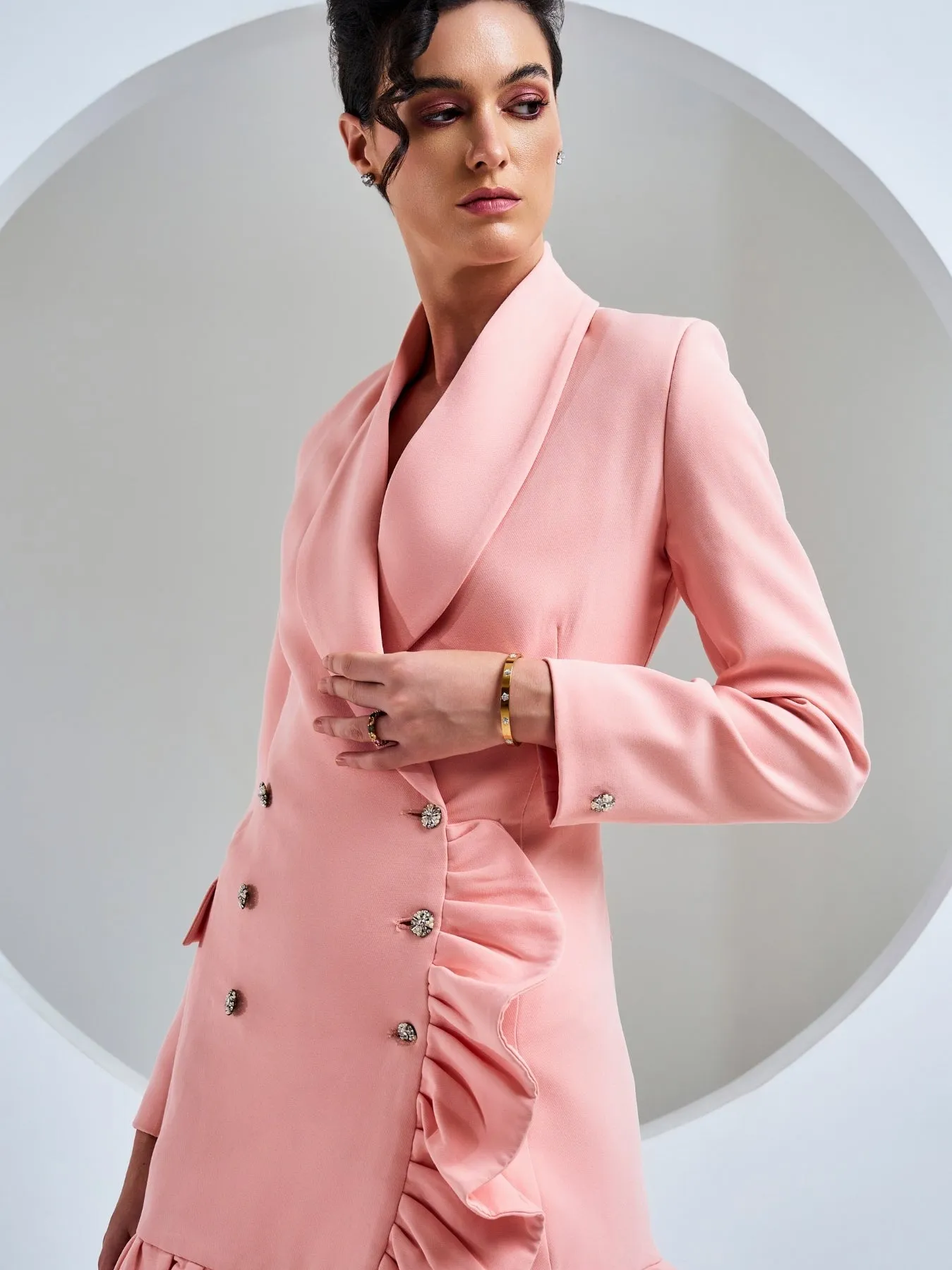 Peach Double-Breasted Ruffle Blazer Dress