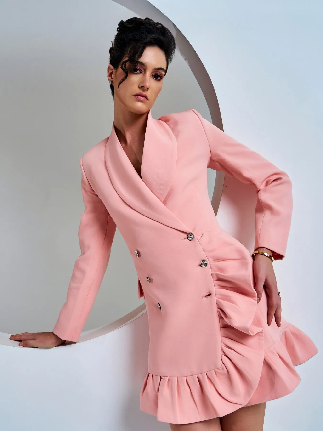 Peach Double-Breasted Ruffle Blazer Dress