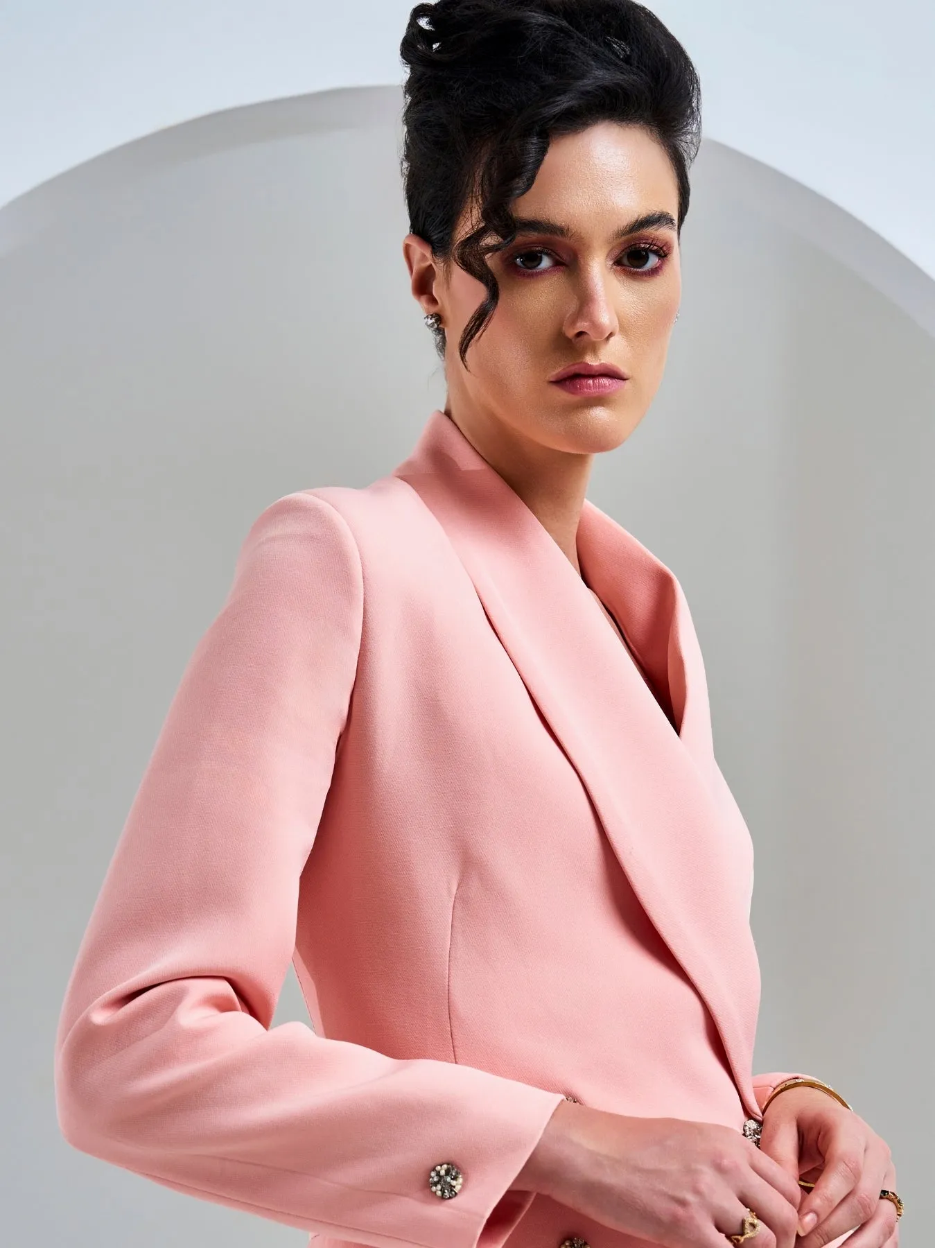 Peach Double-Breasted Ruffle Blazer Dress