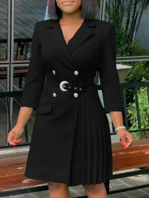 Premium Fashion Pleated Long Sleeve Blazer Dress - Ships in 24 Hrs