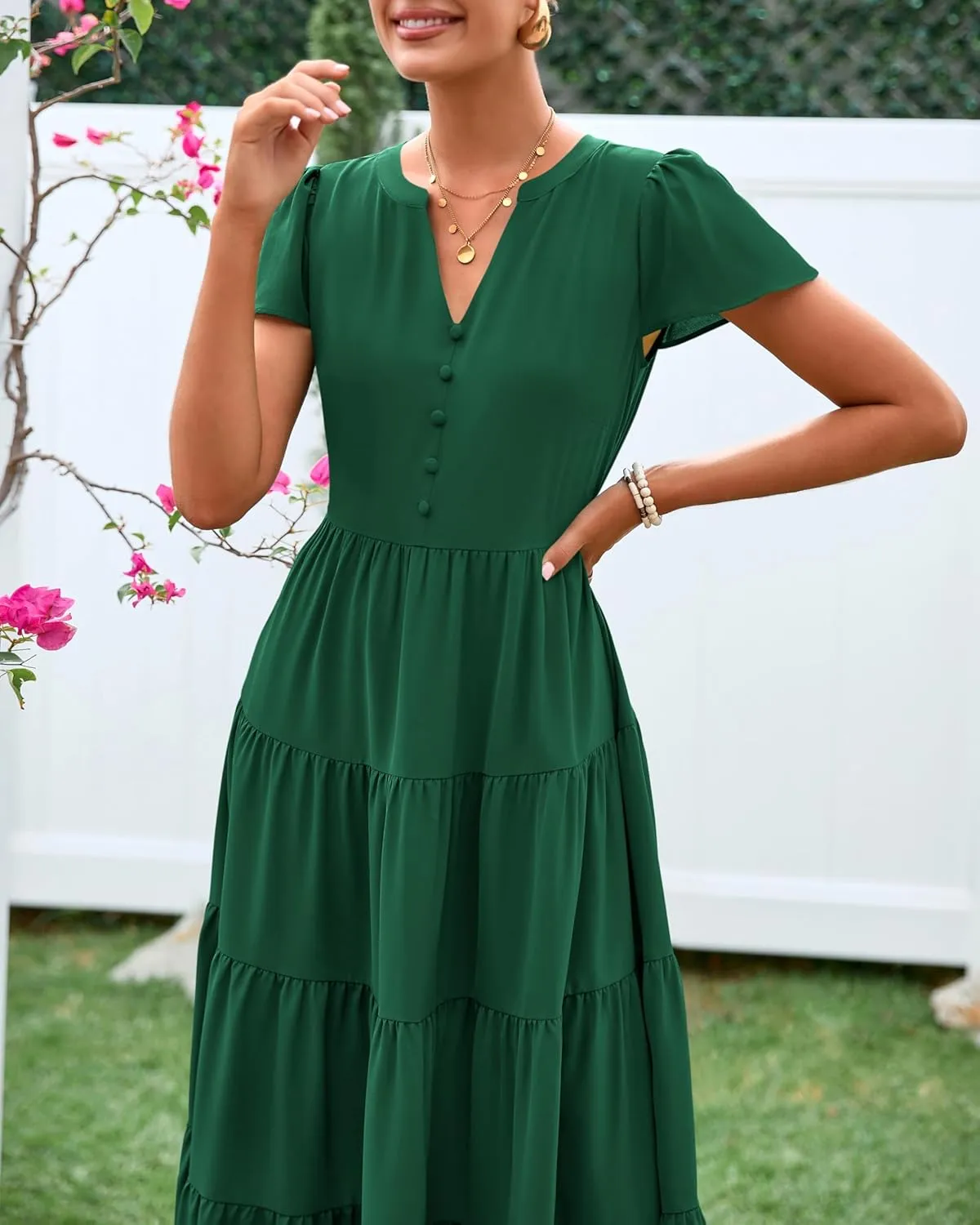 PRETTYGARDEN Women Summer Midi Dresses 2025 Casual Short Sleeve V Neck Belted Tiered Ruffle Vacation Dress with Pockets