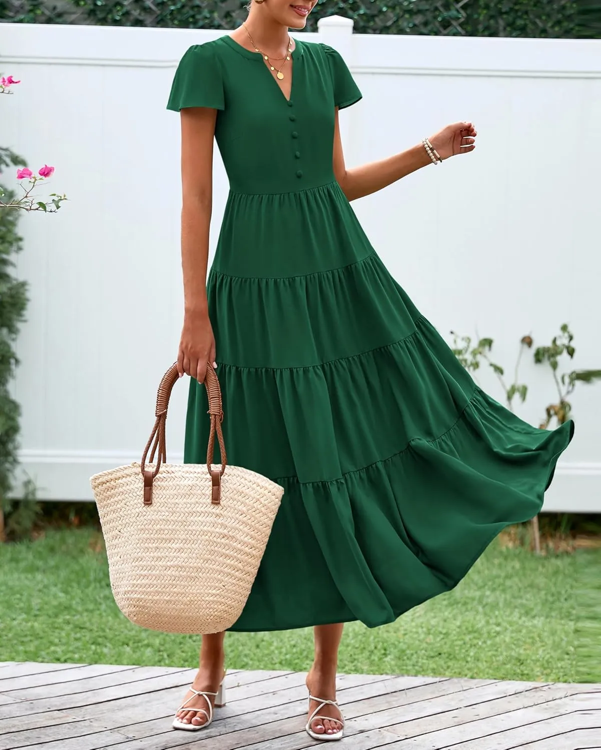 PRETTYGARDEN Women Summer Midi Dresses 2025 Casual Short Sleeve V Neck Belted Tiered Ruffle Vacation Dress with Pockets