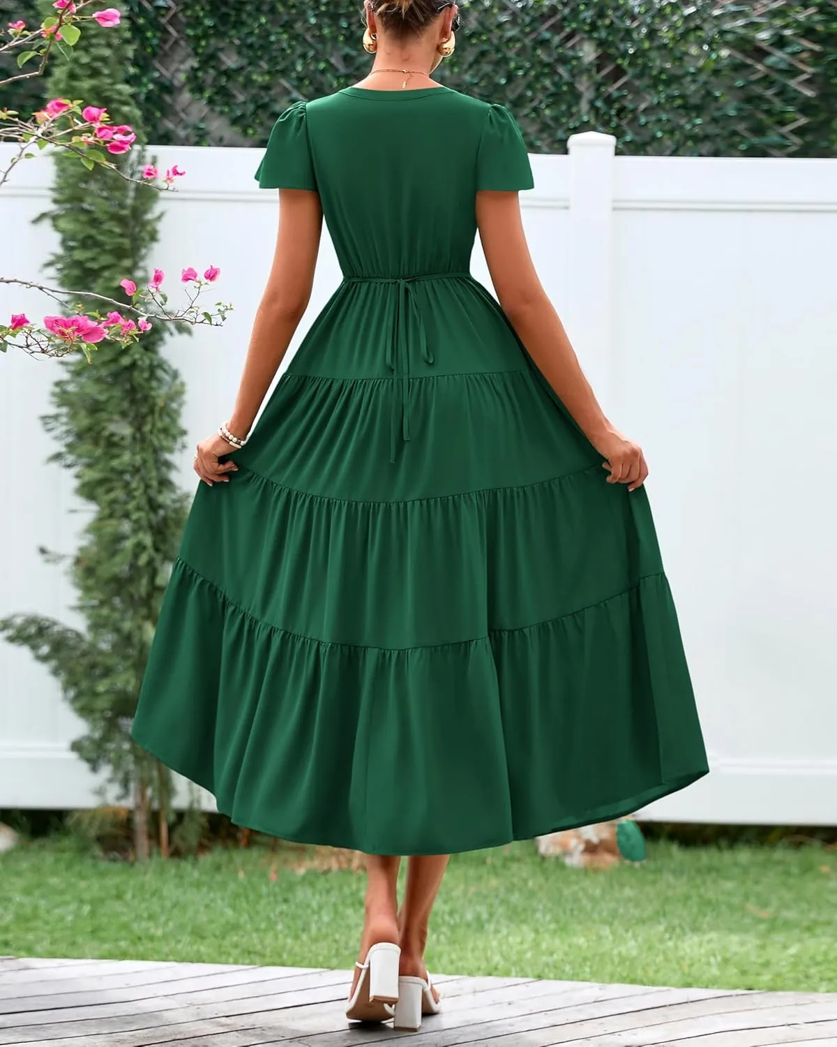 PRETTYGARDEN Women Summer Midi Dresses 2025 Casual Short Sleeve V Neck Belted Tiered Ruffle Vacation Dress with Pockets