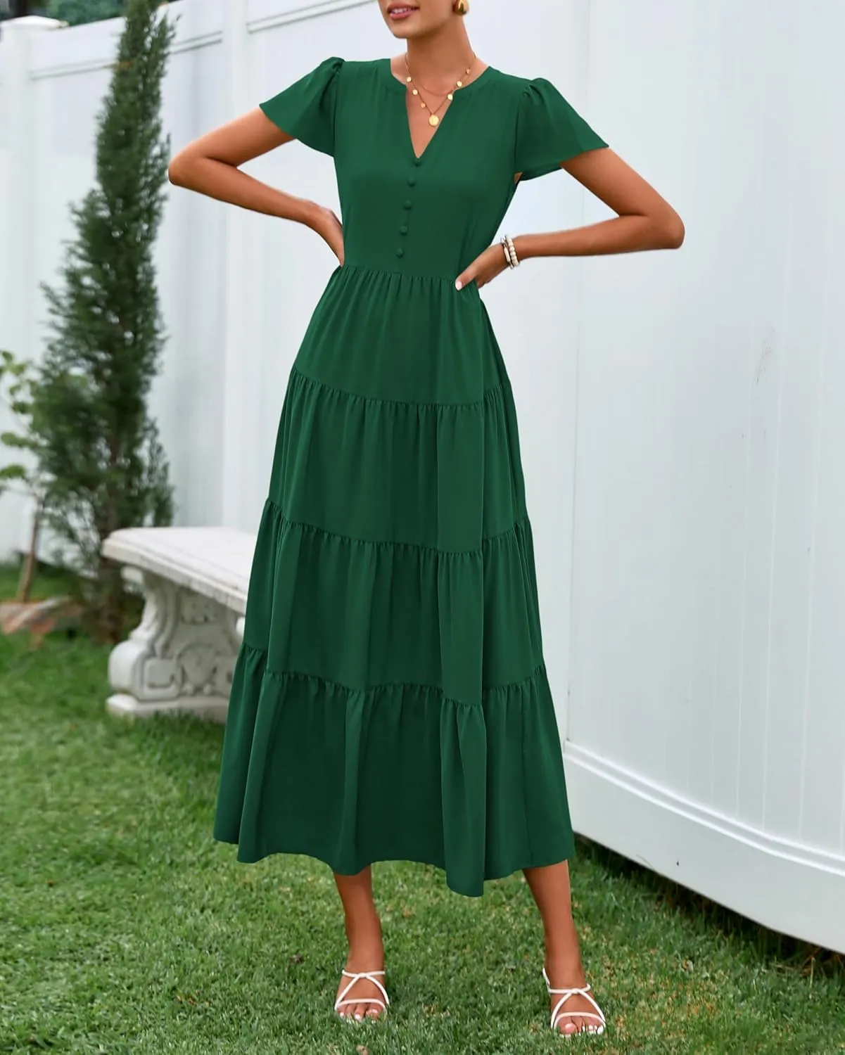 PRETTYGARDEN Women Summer Midi Dresses 2025 Casual Short Sleeve V Neck Belted Tiered Ruffle Vacation Dress with Pockets