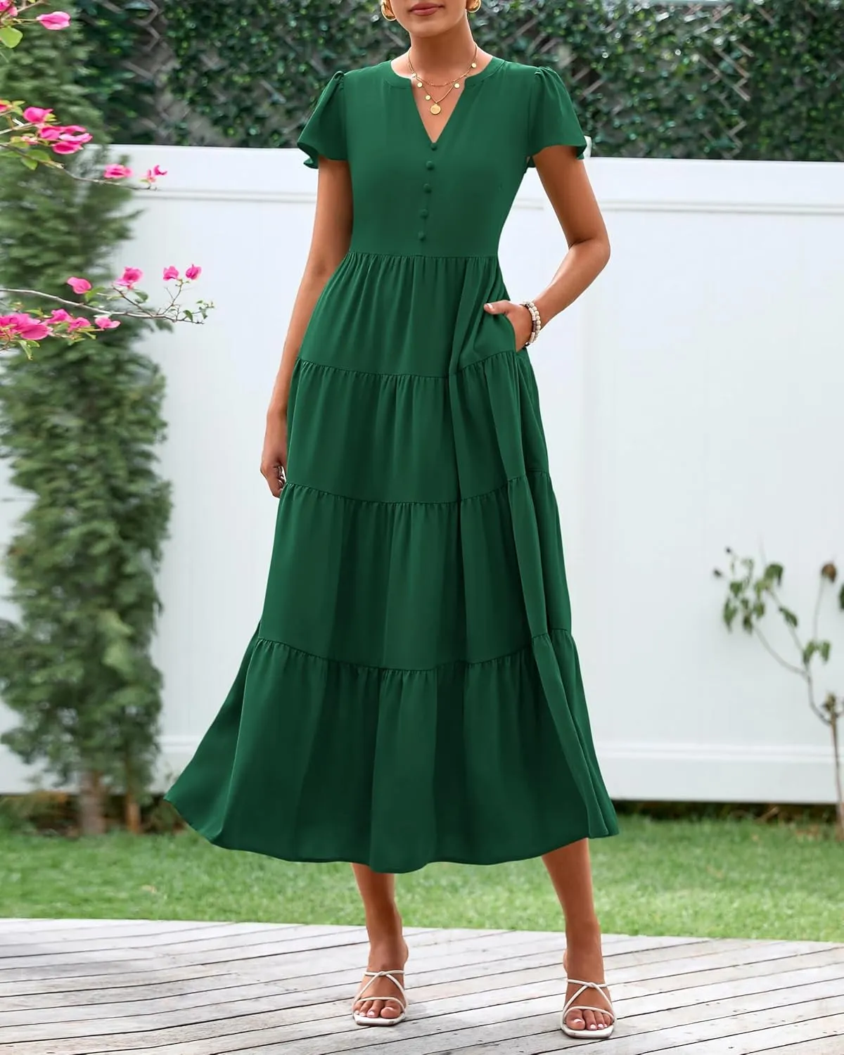 PRETTYGARDEN Women Summer Midi Dresses 2025 Casual Short Sleeve V Neck Belted Tiered Ruffle Vacation Dress with Pockets