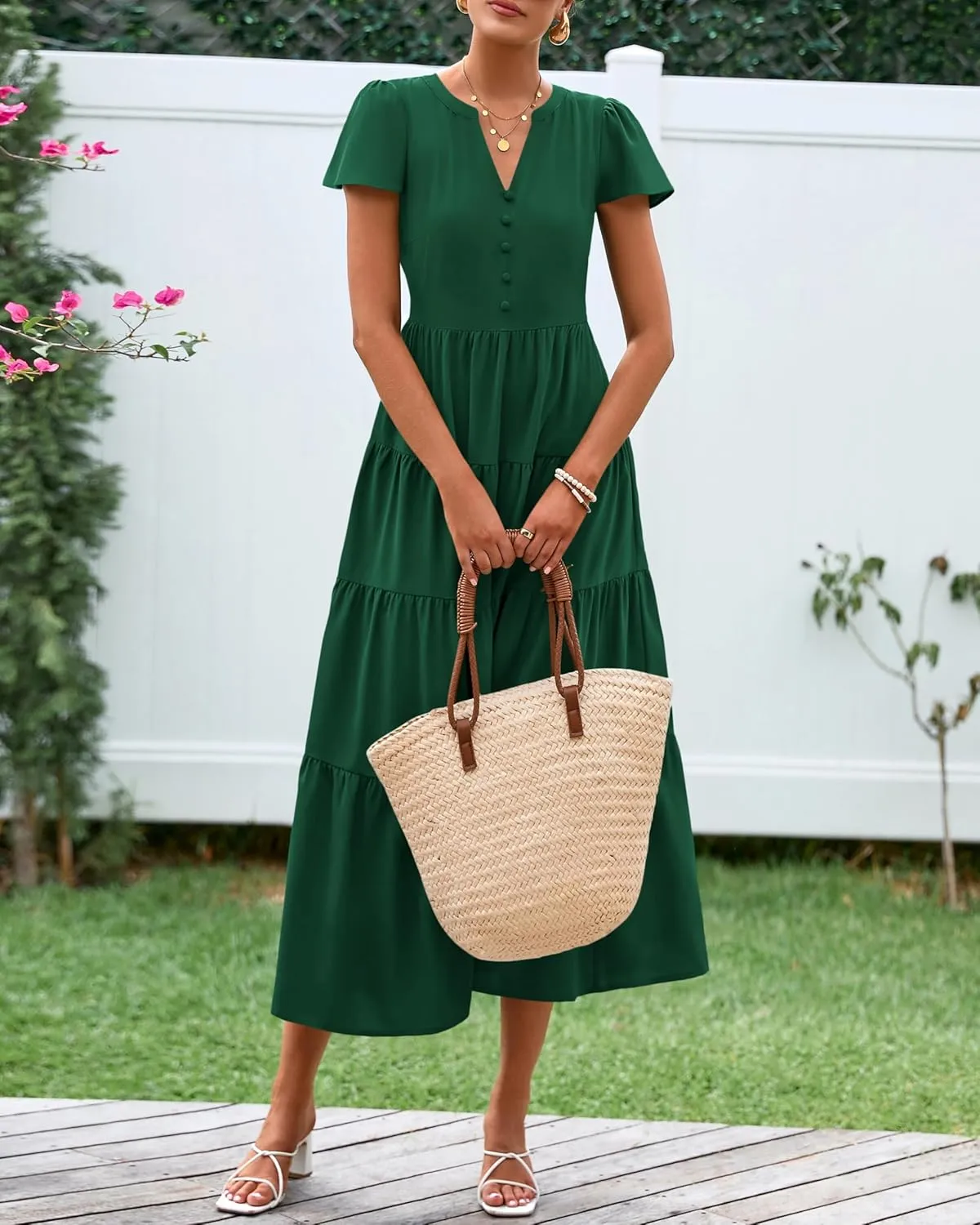 PRETTYGARDEN Women Summer Midi Dresses 2025 Casual Short Sleeve V Neck Belted Tiered Ruffle Vacation Dress with Pockets