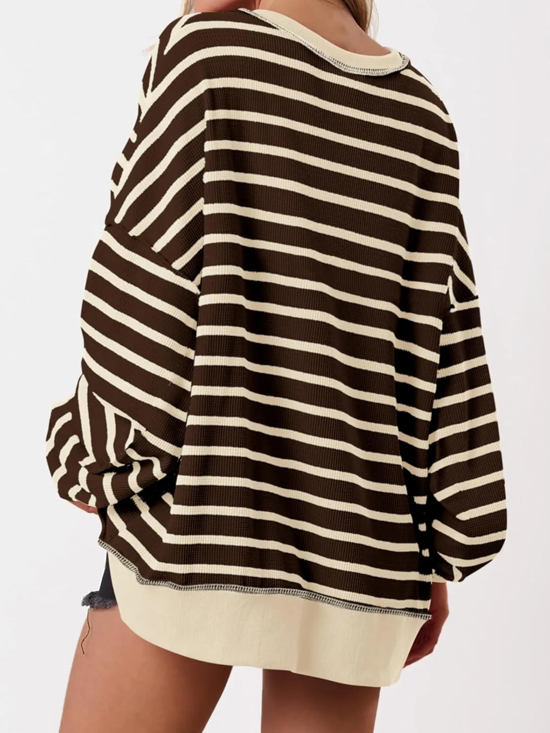 PRETTYGARDEN Womens Fall 2025 Striped Oversized Sweatshirt Long Sleeve Button Up Henley Neck Waffle Knit Pullover Tunic Tops