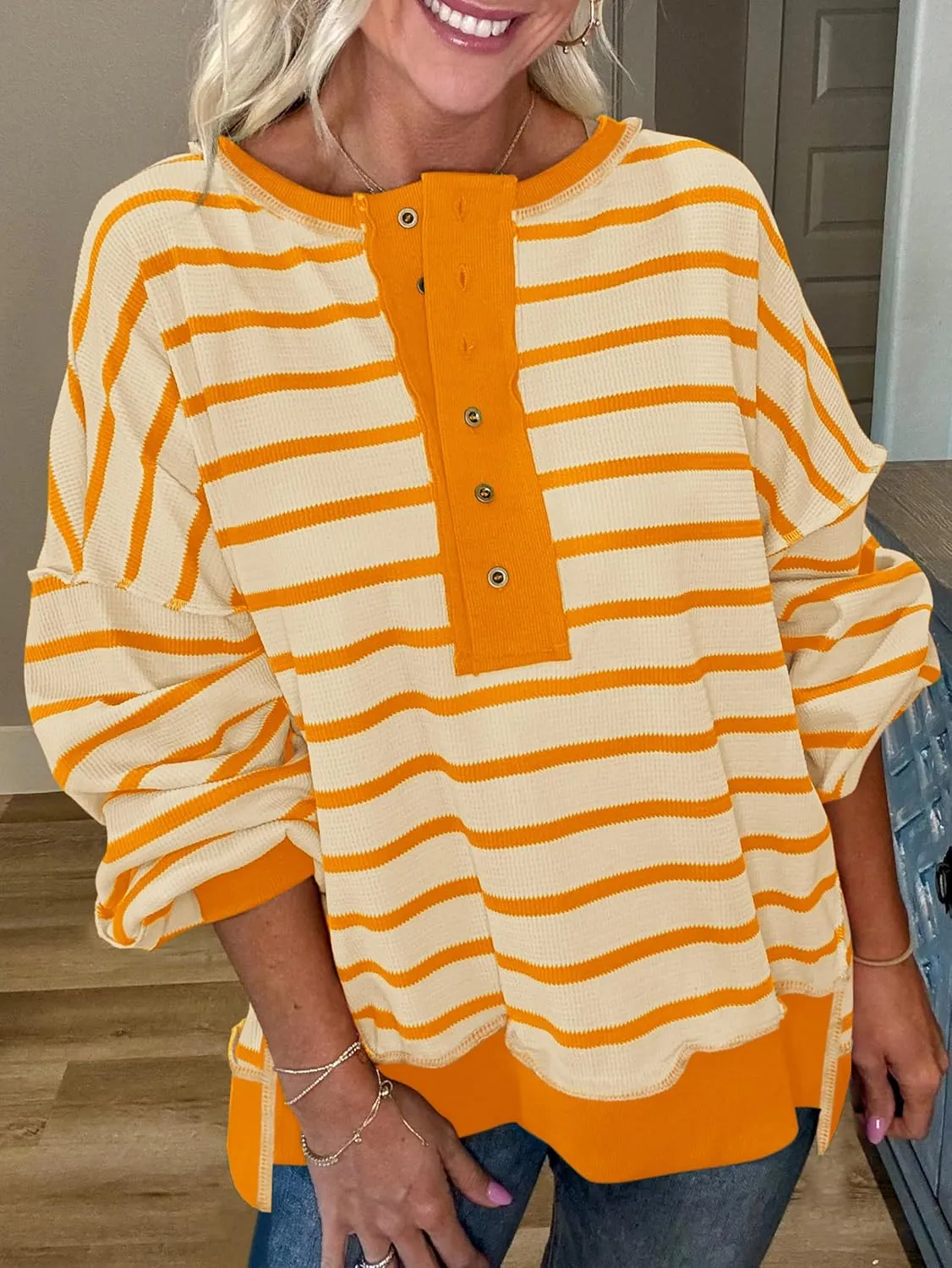 PRETTYGARDEN Womens Fall 2025 Striped Oversized Sweatshirt Long Sleeve Button Up Henley Neck Waffle Knit Pullover Tunic Tops