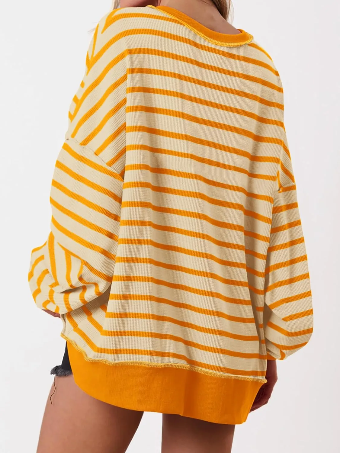 PRETTYGARDEN Womens Fall 2025 Striped Oversized Sweatshirt Long Sleeve Button Up Henley Neck Waffle Knit Pullover Tunic Tops