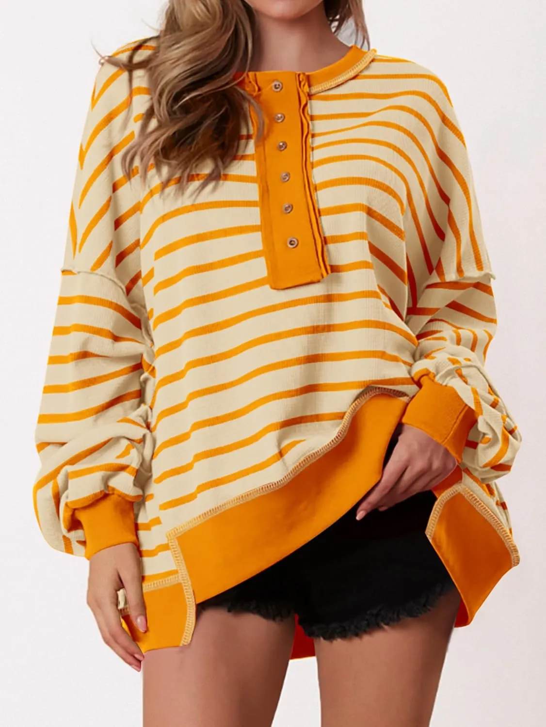 PRETTYGARDEN Womens Fall 2025 Striped Oversized Sweatshirt Long Sleeve Button Up Henley Neck Waffle Knit Pullover Tunic Tops