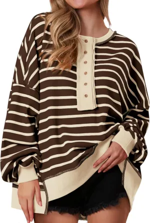 PRETTYGARDEN Womens Fall 2025 Striped Oversized Sweatshirt Long Sleeve Button Up Henley Neck Waffle Knit Pullover Tunic Tops