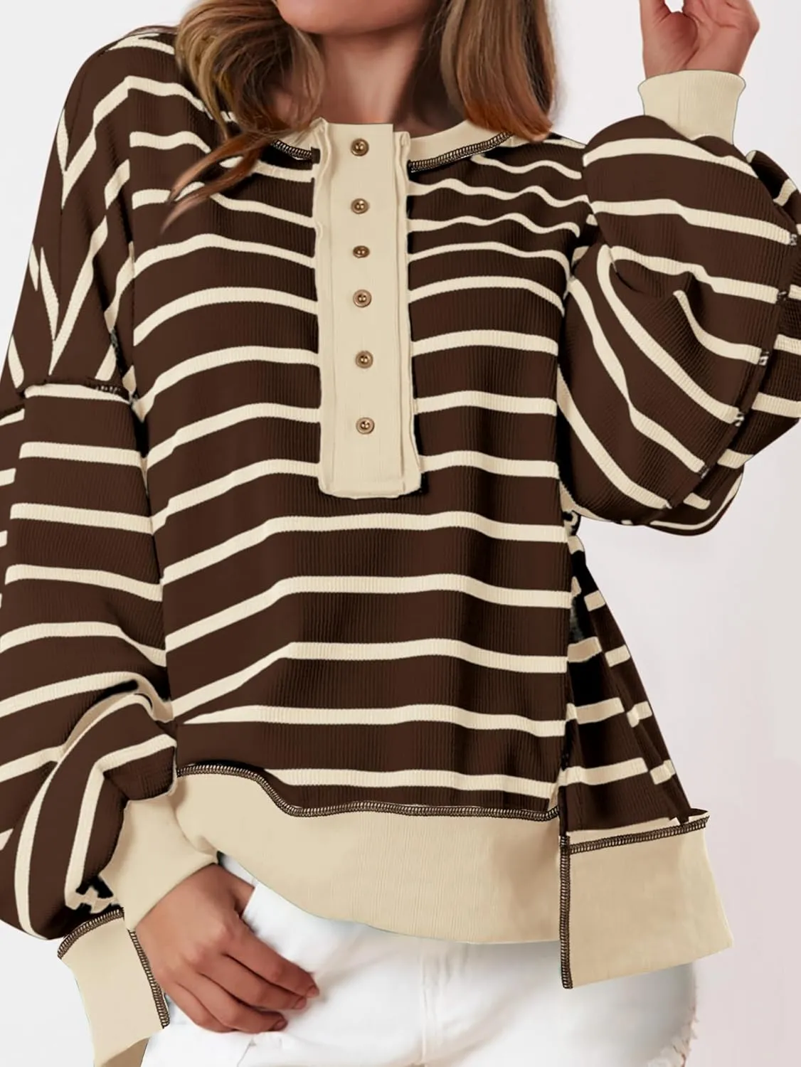 PRETTYGARDEN Womens Fall 2025 Striped Oversized Sweatshirt Long Sleeve Button Up Henley Neck Waffle Knit Pullover Tunic Tops