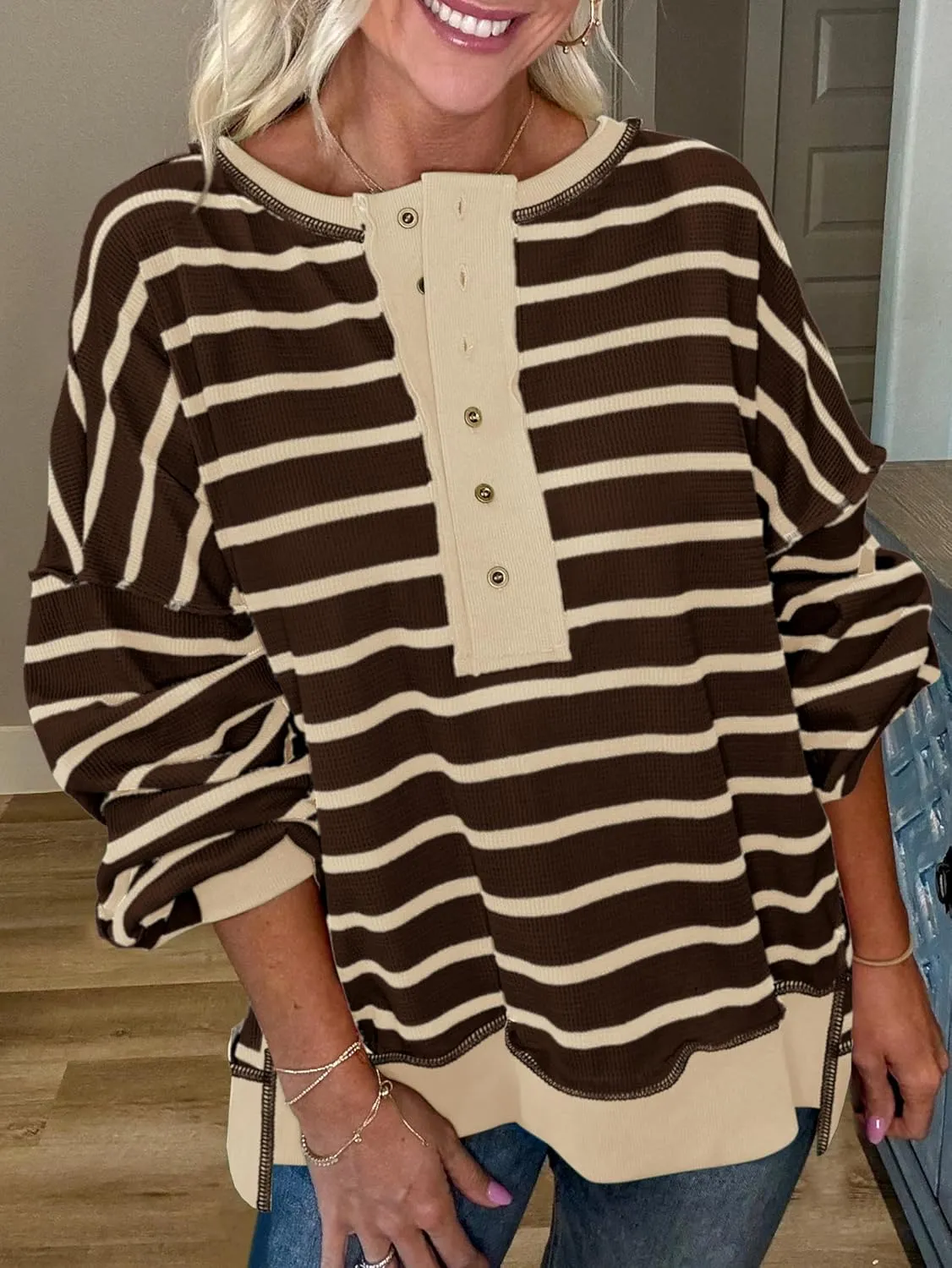 PRETTYGARDEN Womens Fall 2025 Striped Oversized Sweatshirt Long Sleeve Button Up Henley Neck Waffle Knit Pullover Tunic Tops