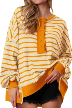 PRETTYGARDEN Womens Fall 2025 Striped Oversized Sweatshirt Long Sleeve Button Up Henley Neck Waffle Knit Pullover Tunic Tops