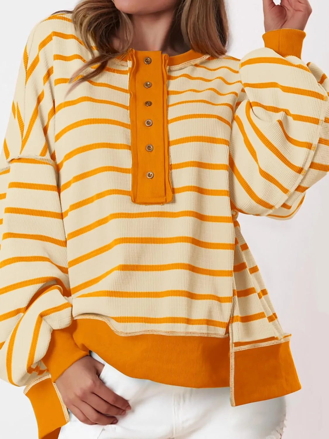 PRETTYGARDEN Womens Fall 2025 Striped Oversized Sweatshirt Long Sleeve Button Up Henley Neck Waffle Knit Pullover Tunic Tops