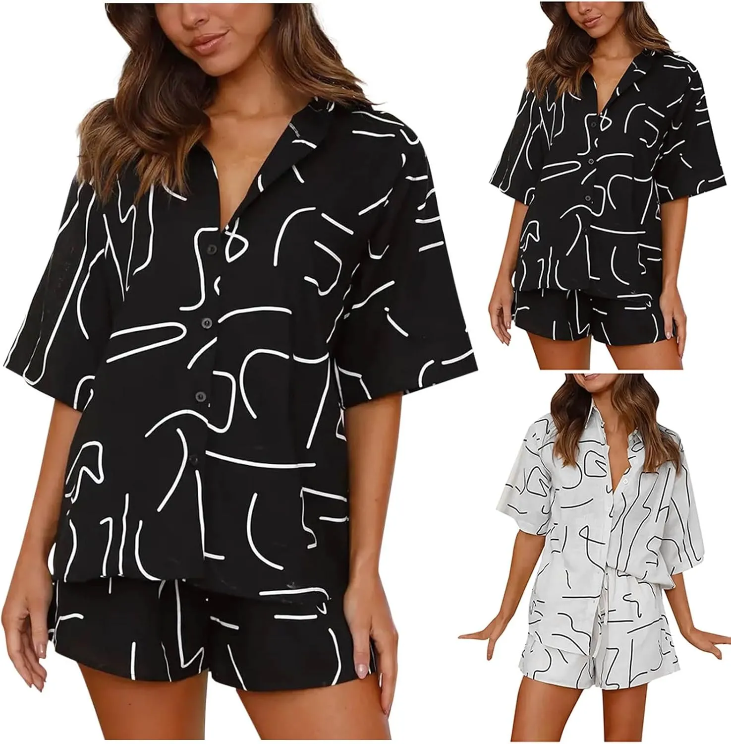 Printed Pajamas Sets for Women Summer Loose Short Sleeve Button Down Lapel Top and Shorts Cozy Pjs 2 Pieces Loungewear
