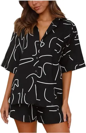 Printed Pajamas Sets for Women Summer Loose Short Sleeve Button Down Lapel Top and Shorts Cozy Pjs 2 Pieces Loungewear