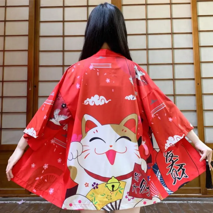 Red Anime Lucky Cat Cardigan Kimono Outerwear