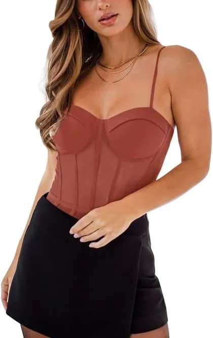 REORIA Women's Trendy Sexy Mesh Sheer Spaghetti Strap Going Out Slimming Bustier Corset Bodysuit With Built In Bra