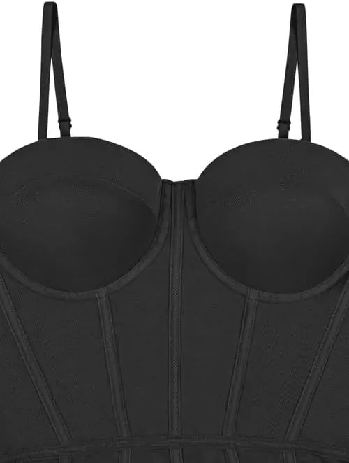 REORIA Women's Trendy Sexy Mesh Sheer Spaghetti Strap Going Out Slimming Bustier Corset Bodysuit With Built In Bra