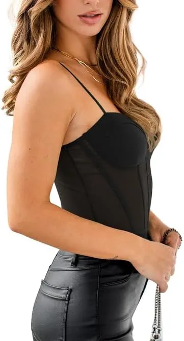 REORIA Women's Trendy Sexy Mesh Sheer Spaghetti Strap Going Out Slimming Bustier Corset Bodysuit With Built In Bra