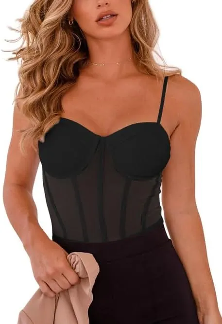 REORIA Women's Trendy Sexy Mesh Sheer Spaghetti Strap Going Out Slimming Bustier Corset Bodysuit With Built In Bra