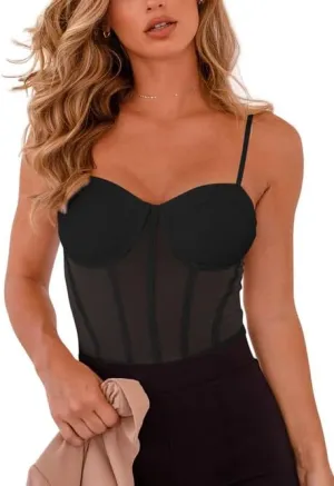 REORIA Women's Trendy Sexy Mesh Sheer Spaghetti Strap Going Out Slimming Bustier Corset Bodysuit With Built In Bra
